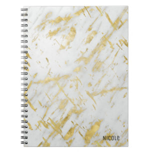 Guld & White Marble Glam Elegant Anpassningsbar Anteckningsbok Med Spiral