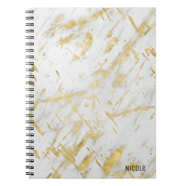 Guld & White Marble Glam Elegant Anpassningsbar Anteckningsbok Med Spiral (Framsidan)
