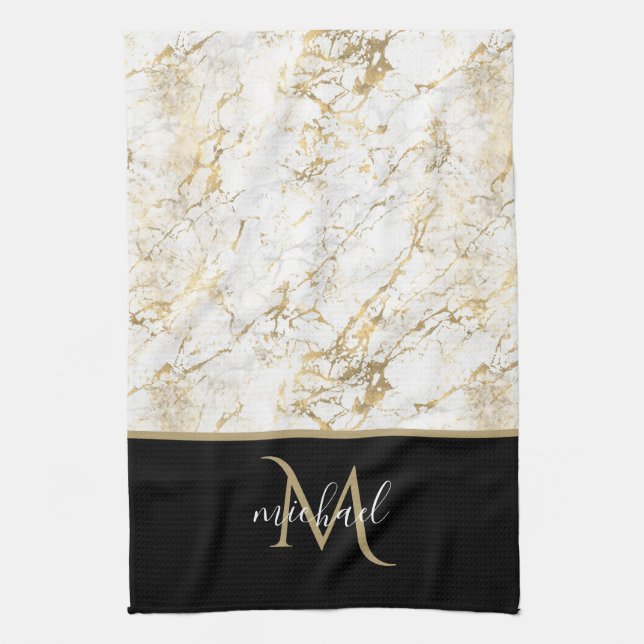 Guld & White Marble med Black Monogram Kökshandduk (Vertikal)