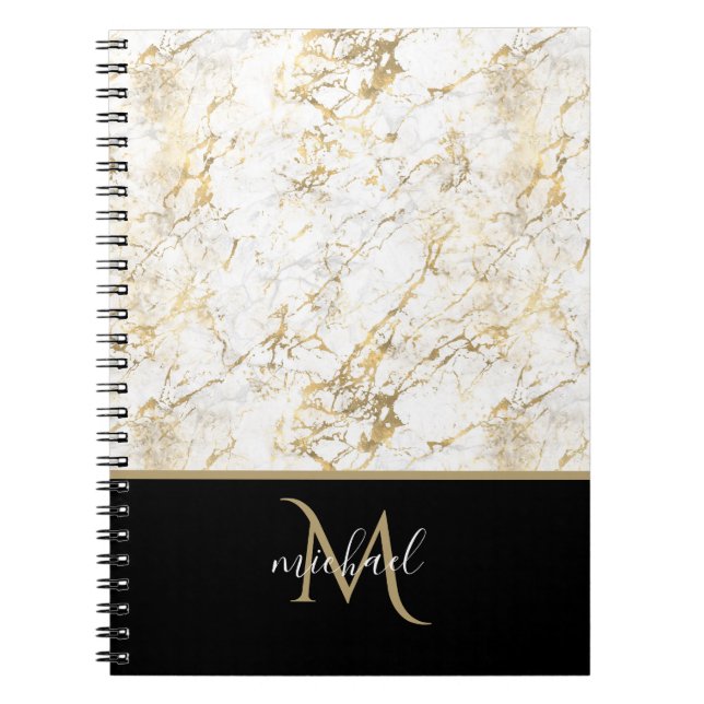 Guld & White Marble med Black Monogram Luxury Anteckningsbok (Framsidan)