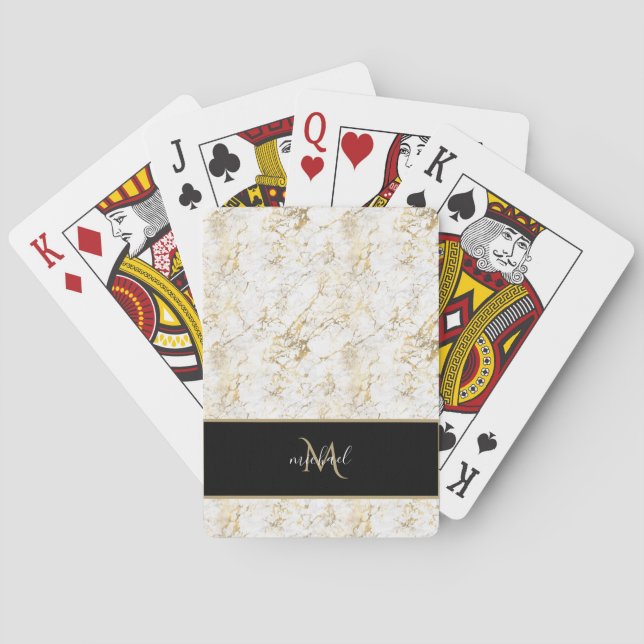 Guld & White Marble med Black Monogram Luxury Casinokort (Baksidan)