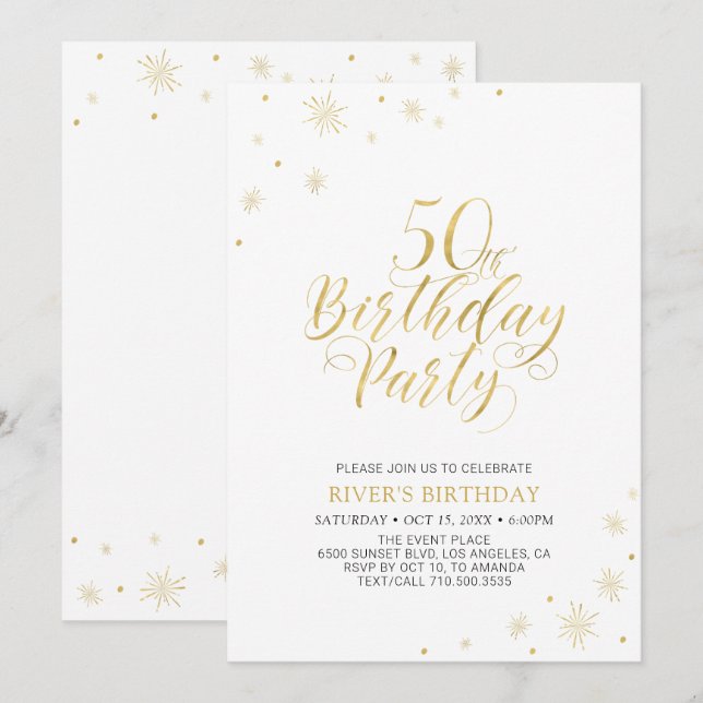 Guld & White | Modern Chic 50:e Födelsedagsfesten Inbjudningar (Fram/baksida)