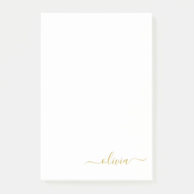 Guld White Modern Script Girly Monogram Namn Post-it Block (Framsida)