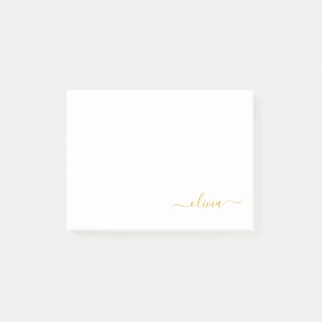 Guld White Modern Script Girly Monogram Namn Post-it Block (Framsida)