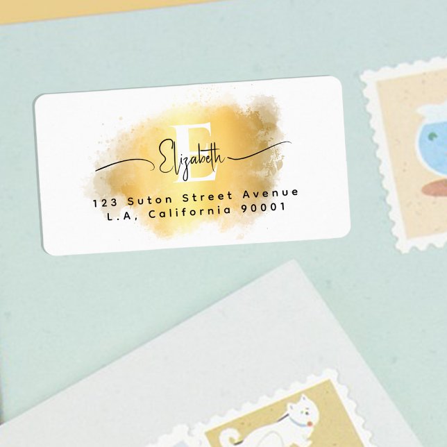 Guld White Monogram Black-skript för chic-penseldr Adressetikett (Skapare uppladdad)