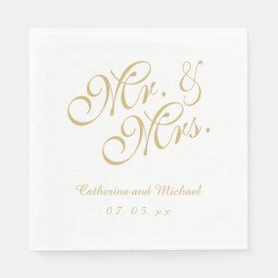 Guld White Mr. och Mrs. Bröllop Pappra Napkins Pappersservett