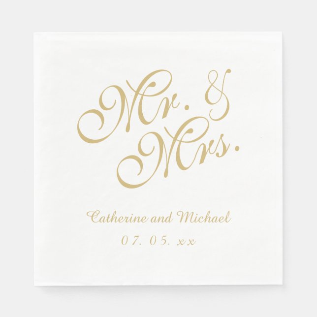 Guld White Mr. och Mrs. | Bröllop Pappra Napkins Pappersservett (Framsidan)