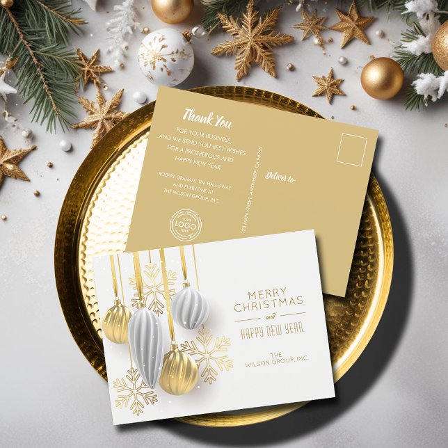 Guld White Ornaments Business Helgdag Postcards Helg Vykort (Gold and white Christmas ornaments business holiday greeting postcards)