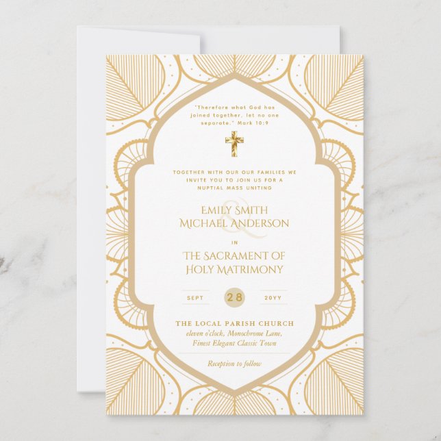 Guld White Ornate Catholical Nuptial Mass Bröllop Inbjudningar (Framsida)