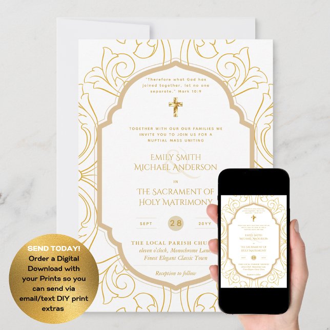 Guld White Ornate Catholical Nuptial Mass Bröllop Inbjudningar (Skapare uppladdad)