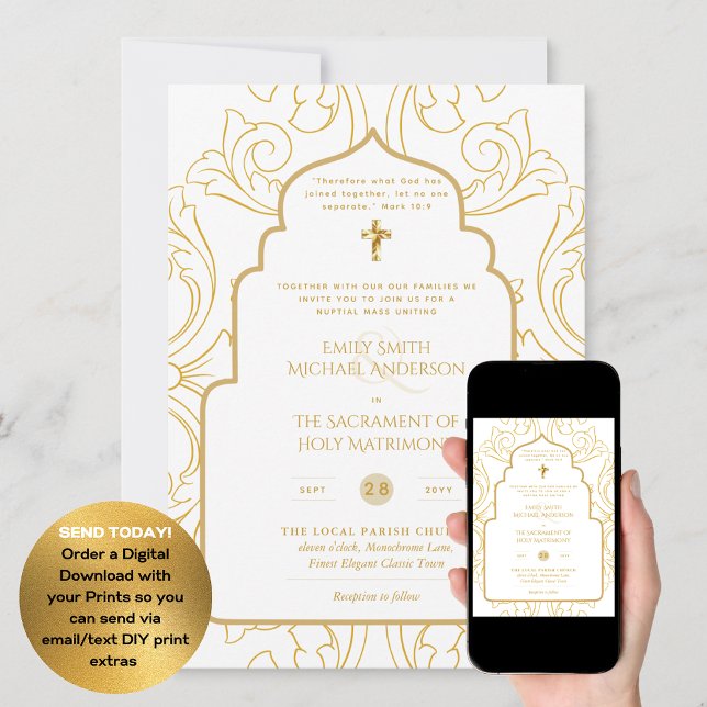 Guld White Ornate Catholical Nuptial Mass Bröllop Inbjudningar (Skapare uppladdad)
