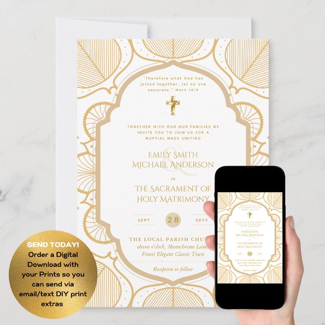 Guld White Ornate Catholical Nuptial Mass Bröllop Inbjudningar (Skapare uppladdad)