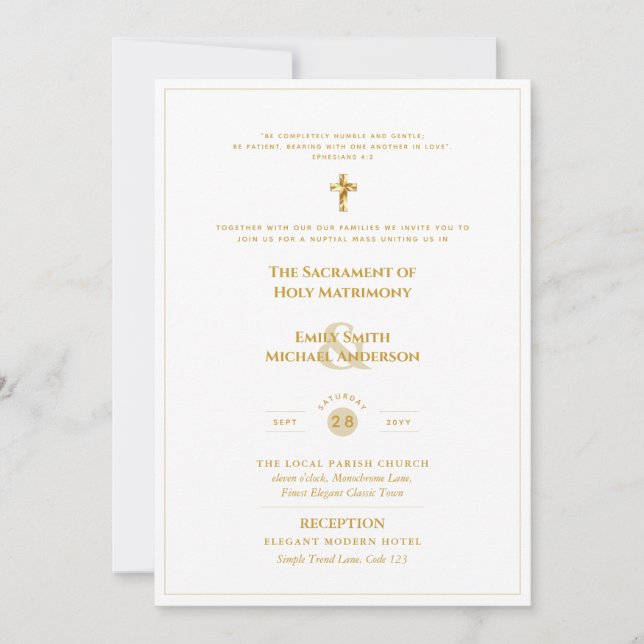 Guld White Ornate Catholical Nuptial Mass Bröllop Inbjudningar (Framsida)