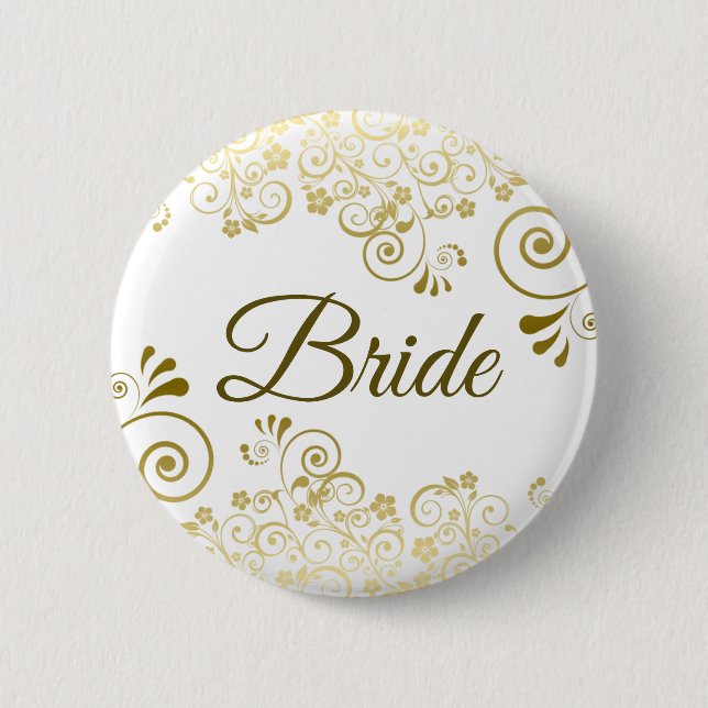 Guld & White Ornate Filigree Elegant bröllop Bride Knapp (Framsida)