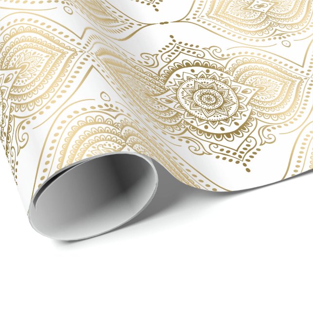 Guld & White Ornate Snöre Teardrops Mönster Presentpapper (Rullad Hörn)