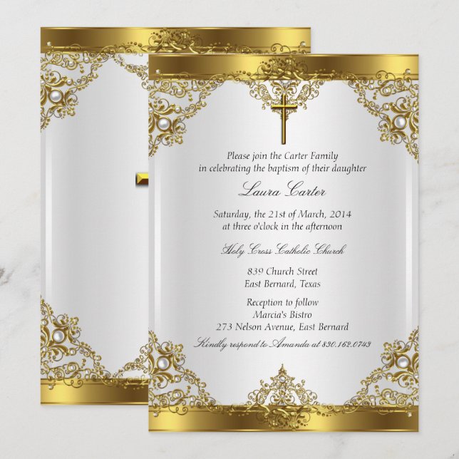 Guld White Pearl Damask Kor Baptism Christening Inbjudningar (Fram/baksida)