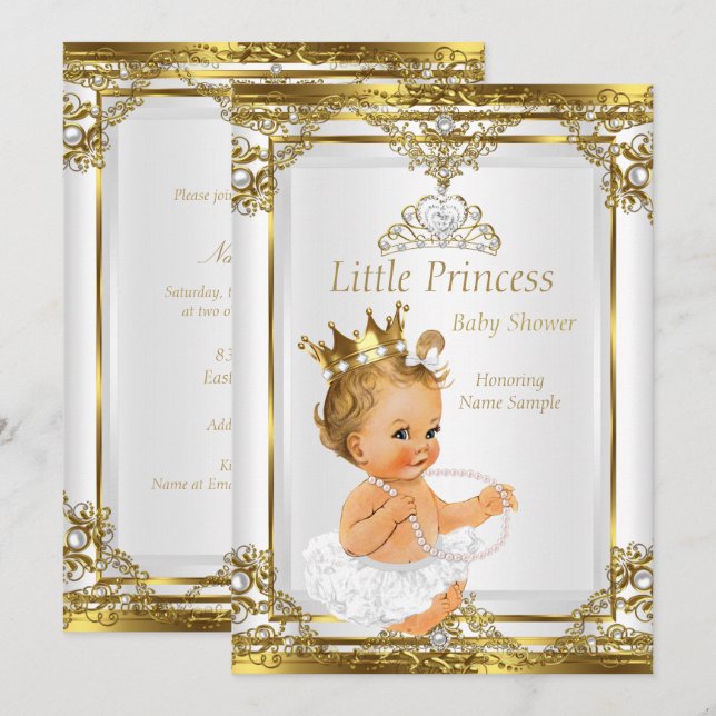 Guld White Pearl Princess Baby Shower Blonde Baby Inbjudningar (Fram/baksida)