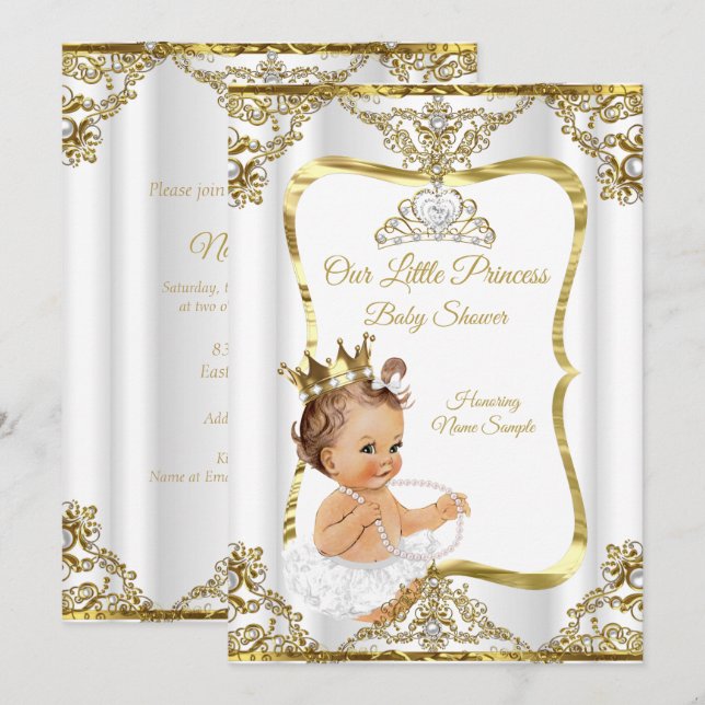 Guld White Pearl Princess Baby Shower Brunette Inbjudningar (Fram/baksida)