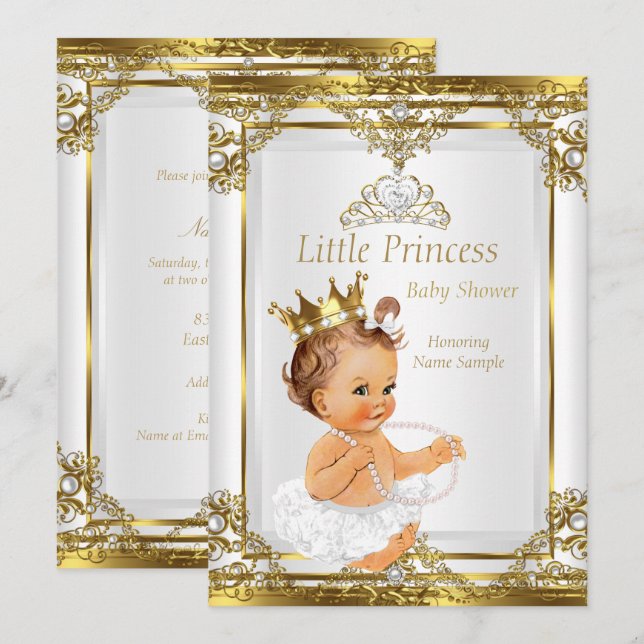 Guld White Pearl Princess Baby Shower Brunette Inbjudningar (Fram/baksida)