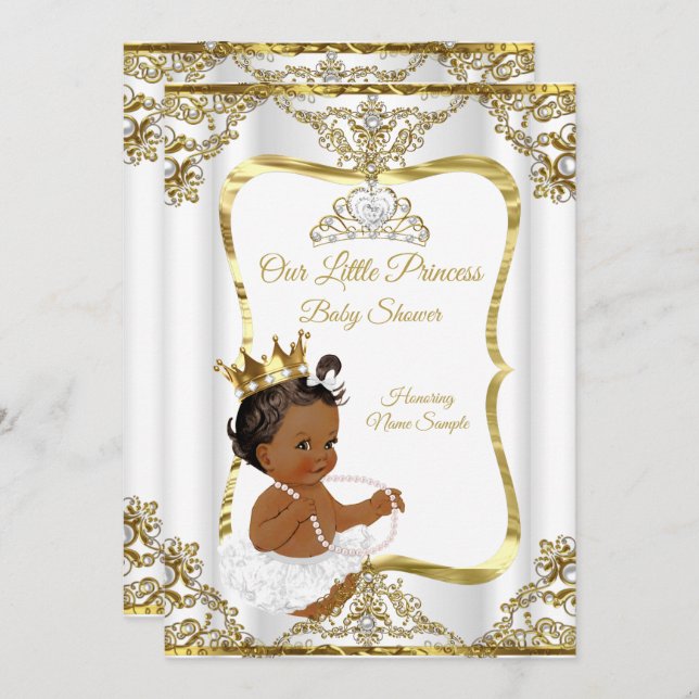 Guld White Pearl Princess Baby Shower Ethnic Inbjudningar (Fram/baksida)
