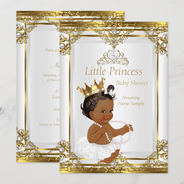 Guld White Pearl Princess Baby Shower Ethnic Inbjudningar (Fram/baksida)