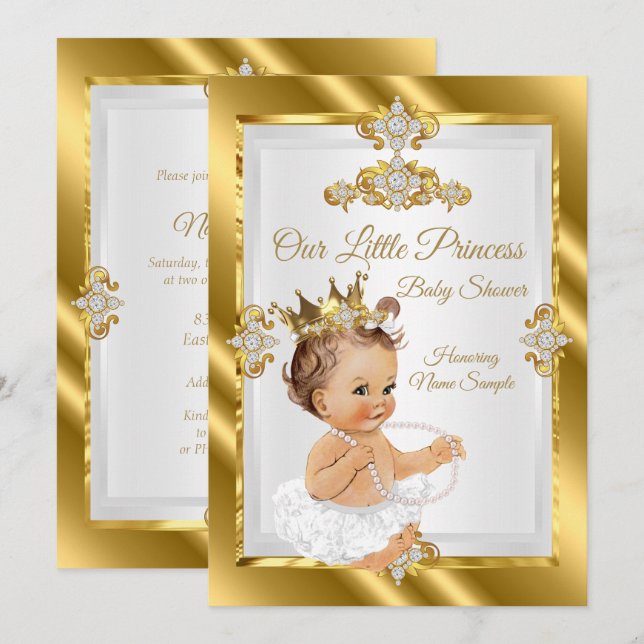 Guld White Princess Baby Shower Brunette Inbjudningar (Fram/baksida)