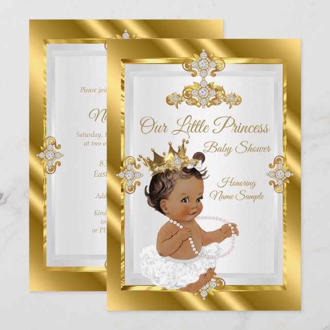 Guld White Princess Baby Shower Ethnic Inbjudningar (Fram/baksida)