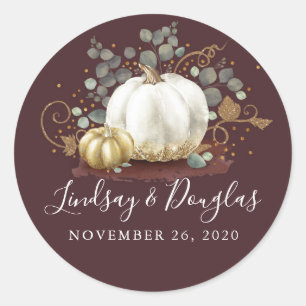Guld White Pumpkin Fall Wedding Burgundy Red Runt Klistermärke