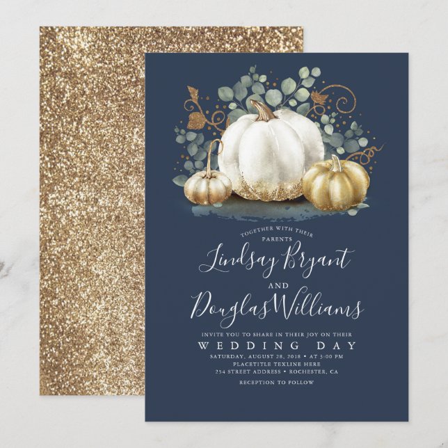 Guld White Pumpkins Rustic Navy Blue Fall Wedding Inbjudningar (Fram/baksida)