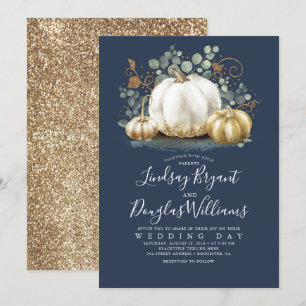 Guld White Pumpkins Rustic Navy Blue Fall Wedding Inbjudningar