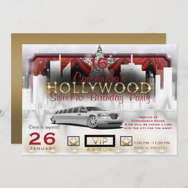 Guld White & Red City Ljus Limo Hollywood Party Inbjudningar (Fram/baksida)