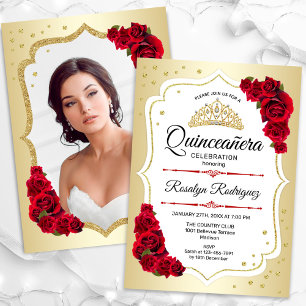 Guld White Red Photo Quinceanera Inbjudningar
