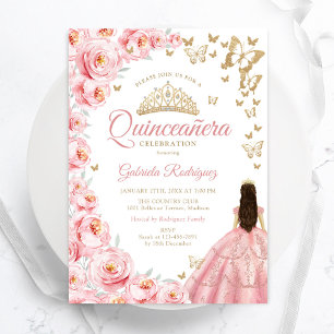 Guld White Rosa Blommigt Quinceanera Inbjudningar