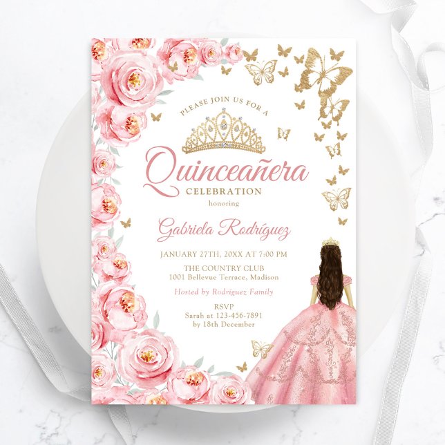 Guld White Rosa Blommigt Quinceanera Inbjudningar (Skapare uppladdad)