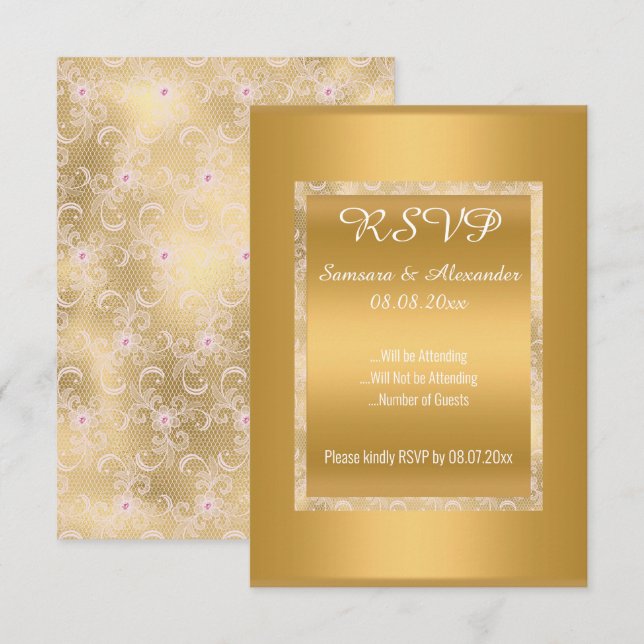 Guld White Rosa Snöre Simple All Occassion OSA Inbjudningar (Fram/baksida)