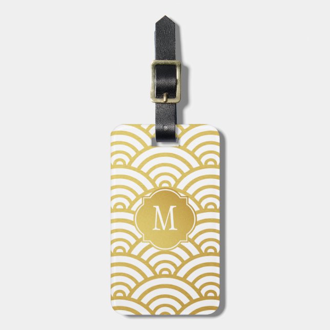 Guld & White Scallop Monogram Luggage Tag Bagagebricka (Vertikal Framsida)