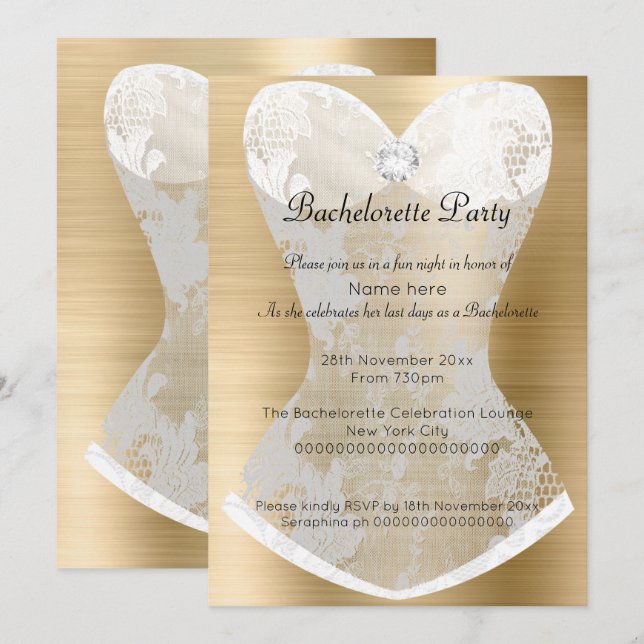 GULD WHITE SNÖRE CORSET BACHELORETTE-INBJUDAN INBJUDNINGAR (Fram/baksida)