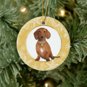 Guld White Snowflake Gräns Red Dachshund Julgransprydnad Keramik