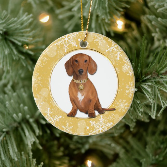 Guld White Snowflake Gräns Red Dachshund Julgransprydnad Keramik (Träd)