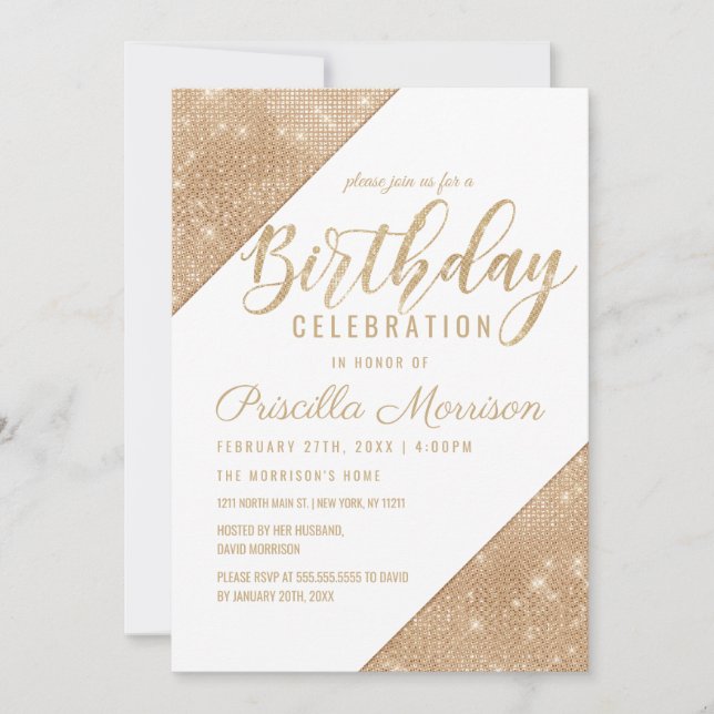 Guld White Sparkling Glitter Sequin Birthday Inbjudningar (Framsida)