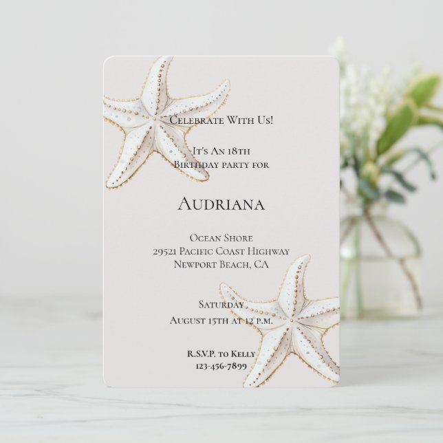 Guld White Starfish Cream Birthday Inbjudningar (Stående Fram)