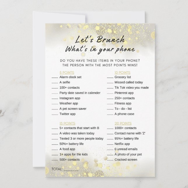 Guld White What's in your Mobil Brunch Party Game Inbjudningar (Framsida)