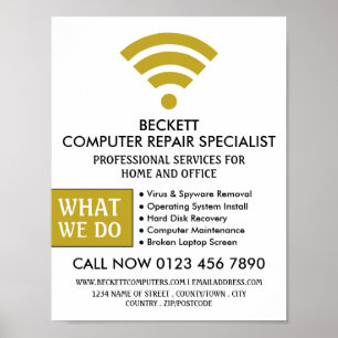 Guld Wi-Fi-Logotyp, Computer Repair Specialist Adv Poster