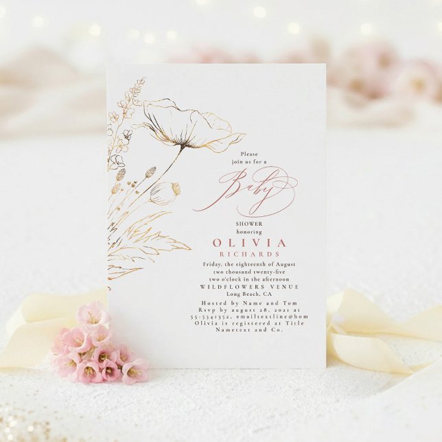 Guld Wildblommor Dusty Rosa Chic Baby Shower Inbjudningar (Dusty Rose and Gold Elegant Hand Drawn Baby Shower Invitations)