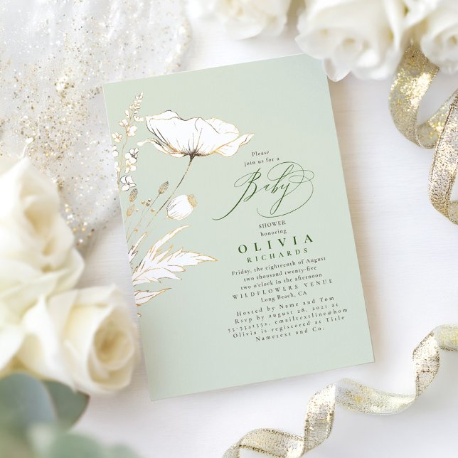 Guld Wildblommor Sage Grönt Elegant Baby Shower Inbjudningar (Sage Green and Gold Wildflowers Baby Shower Invitation )