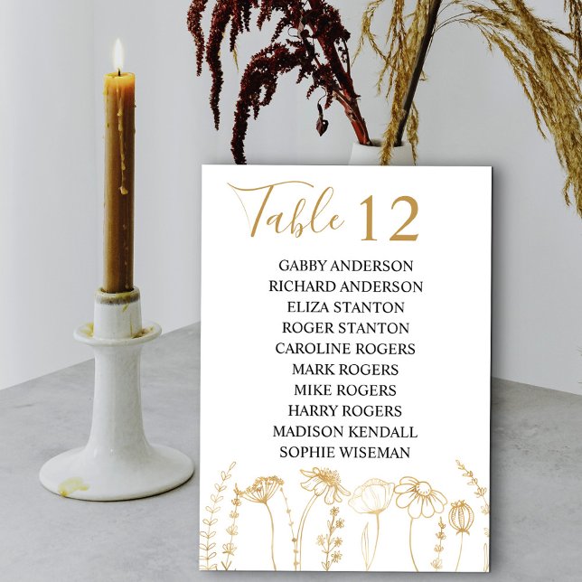Guld Wildblomsketch-Bordsnumret Sittkort (Wedding Table Number and Guests Names in White & Gold, from my Wildflower Sketch collection)