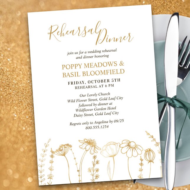 Guld Wildblomsketch Bröllop Middag Rehearsal Inbjudningar (Rehearsal Dinner Invitation in White & Gold, from my Wildflower Sketch collection)