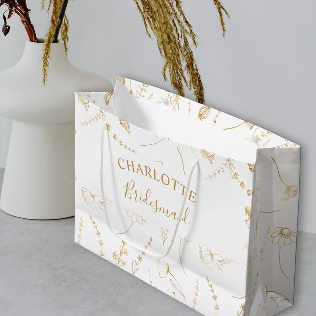 Guld Wildblomsketch Brudens sida Tack (Bridesmaid Gift Bag in White & Gold, from my Wildflower Sketch collection)