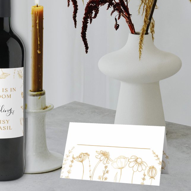 Guld Wildblomsketch Enkel Blommigt Placeringskort (Wedding Table Place Card in White & Gold, from my Wildflower Sketch collection)