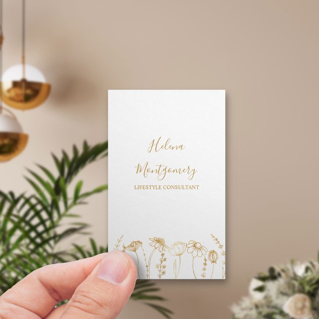 Guld Wildblomsketch, Professionell av honinsk Visitkort (Simple elegance - vertical business card in white with gold wildflowers)